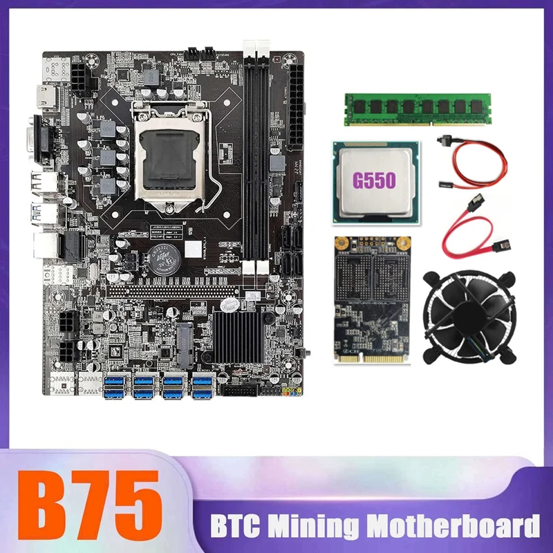 

Материнская плата B75 BTC Miner 8xusb + G550 CPU + DDR3 4G 1333 МГц ОЗУ + MSATA SSD 128G + вентилятор охлаждения процессора + кабель SATA + кабель переключателя