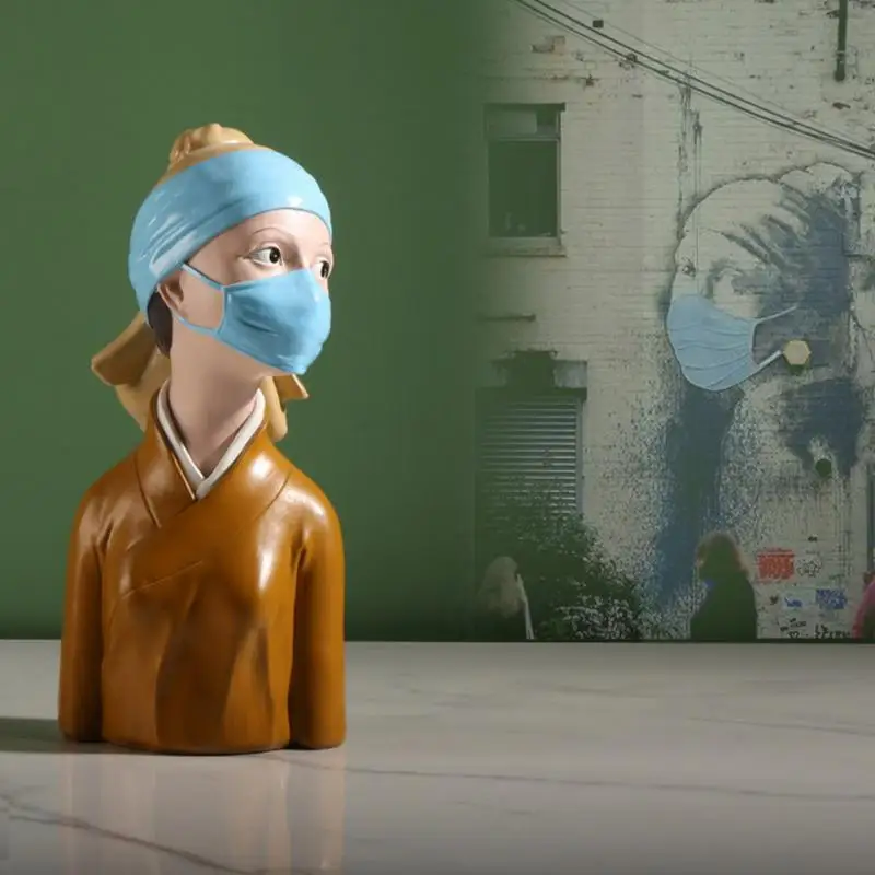 

Resin Desk Ornament Modern Art Home Decoration Girl Pierced Eardrum Gets Mask Figurine Sculpture Banksy Ornaments Collectible