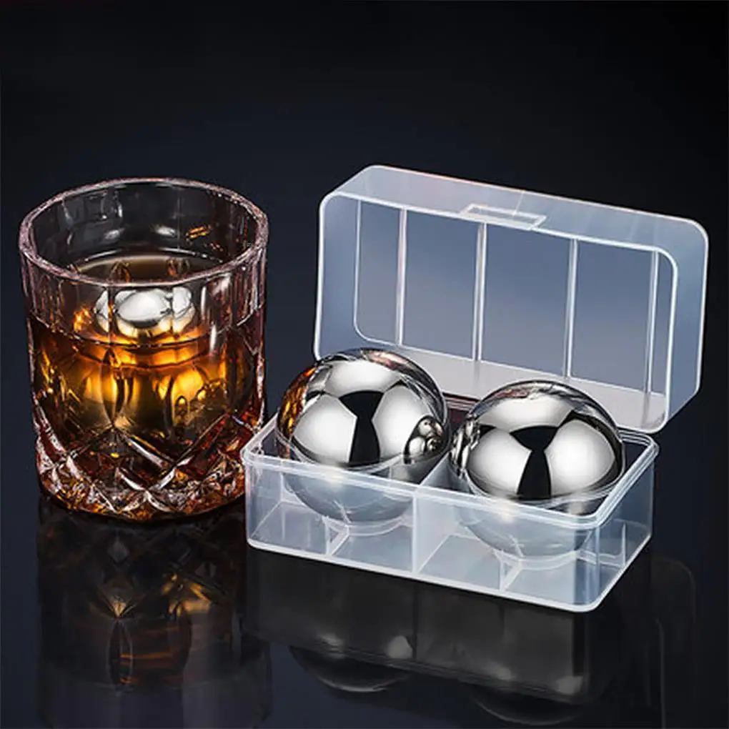 

2 PCS Stainless Steel Round Ball Whiskey Cooling Cubes Vodka Stone Ice Cubes With Plastic Case Tongs Drinks Cooler Beer