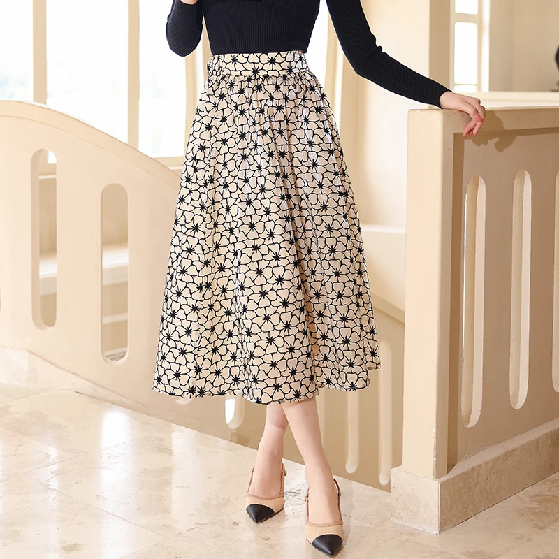 

Dodc 2022 осень новый дизайн французская Высокая талия тонкая Цветочная средней длины трапециевидная юбка