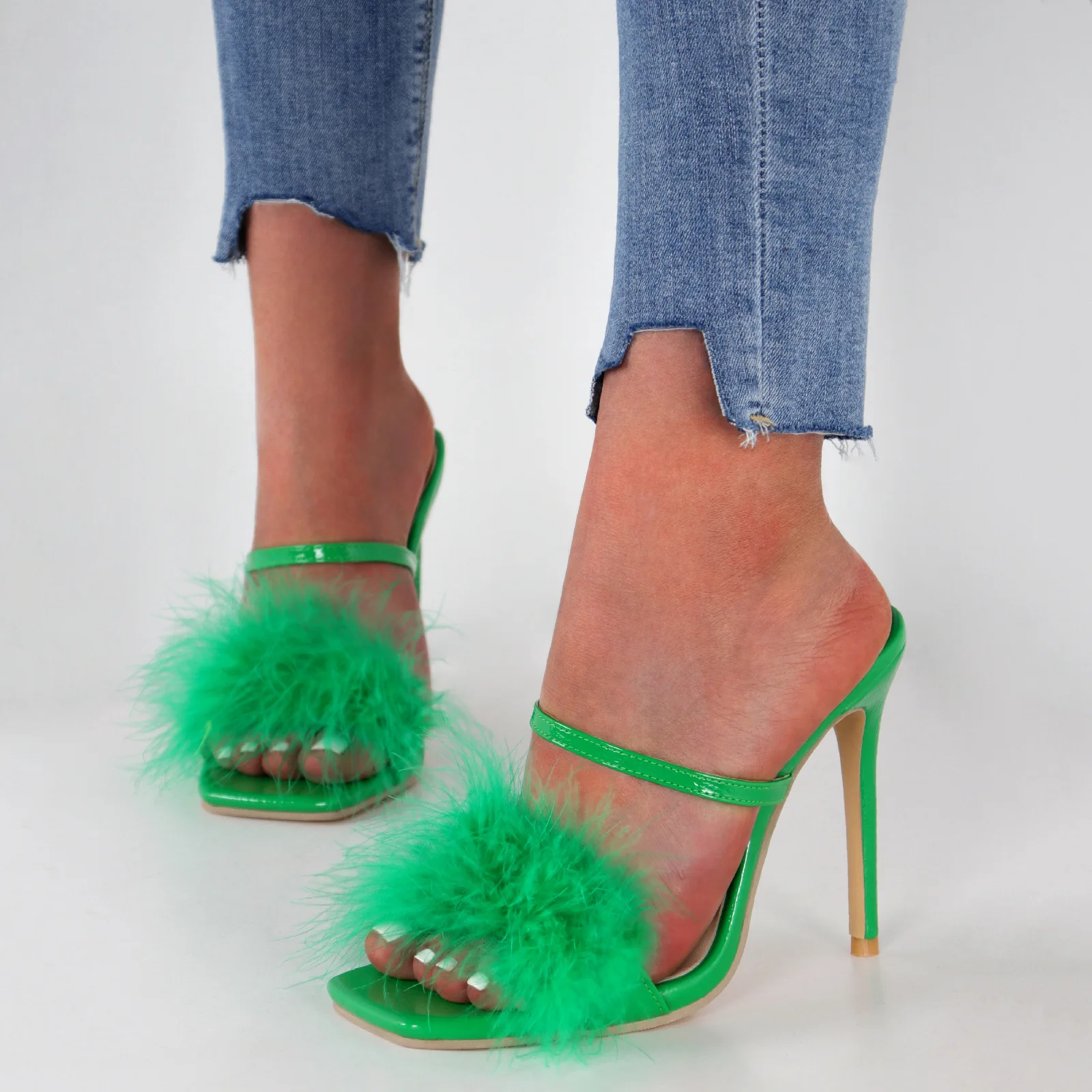 

Женские туфли на высоком каблуке-шпильке, зеленые туфли с рыбьим ртом и ворсом, большие размеры, лето 2022