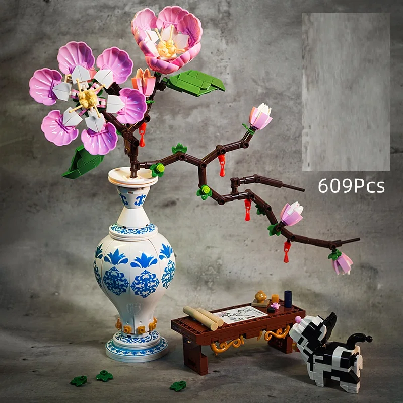 

Ideas Flower Building Blocks Peach Blossom Plant Blue and White Porcelain Bonsai DIY Model Home Decoration Children's Toy Gift