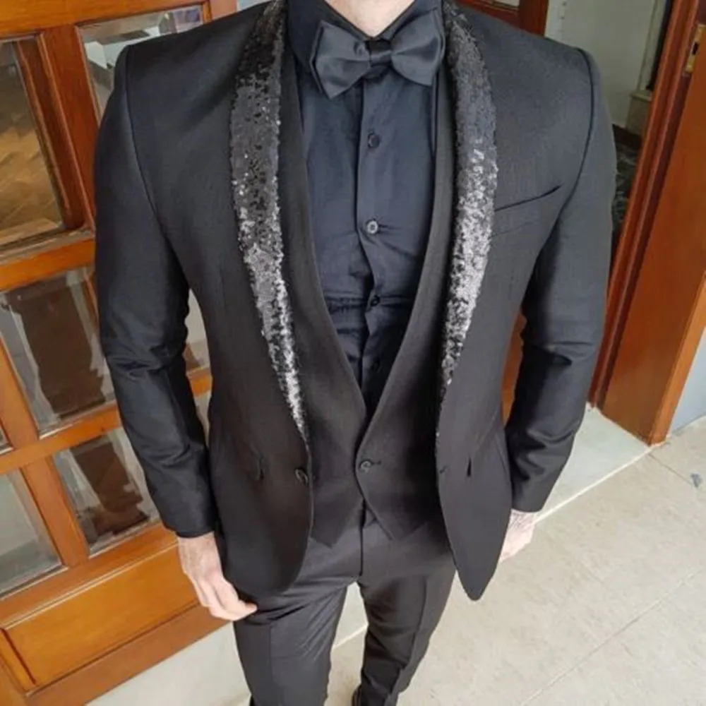 

The Latest Design Custom Men's Black Suit Shiny Beads Slim Fit Groom Wedding Dress Tuxedo 3 Piece Jacket Pants Vest