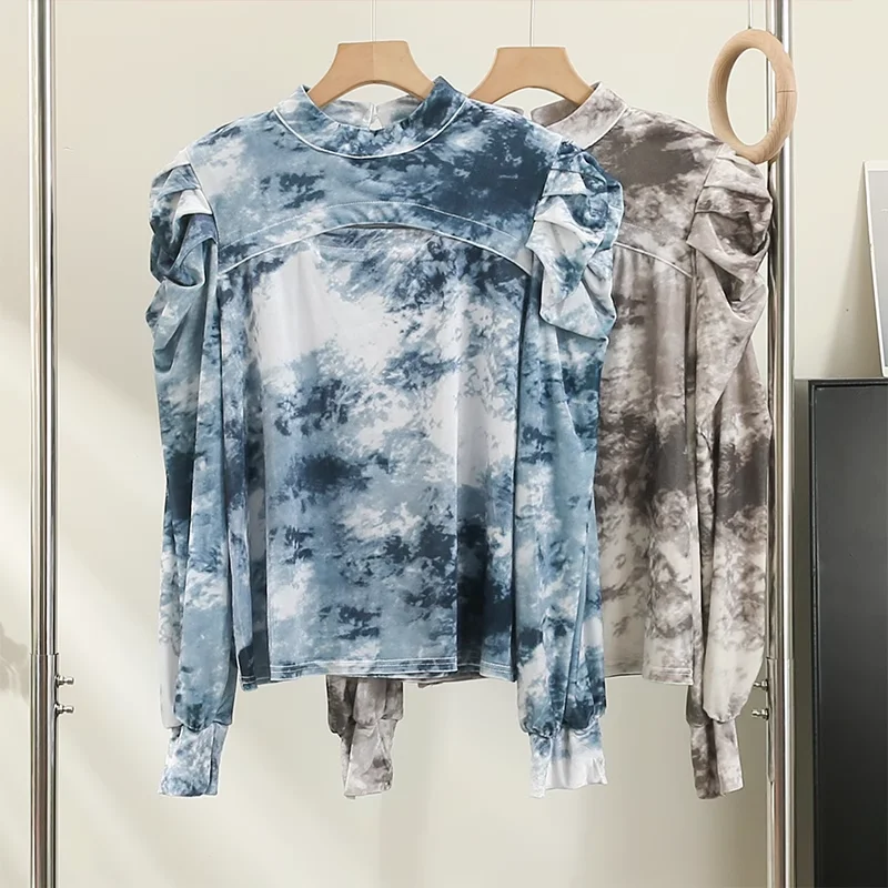 

Designer vintage tie-dye shirts women pullover autumn winter retro long puff sleeve stand collar bandhnu shirt tops