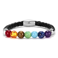 vintage colorful 7 chakra natural stone beads bracelet for women classic charm leather magnet bangles handmade fashion jewelry