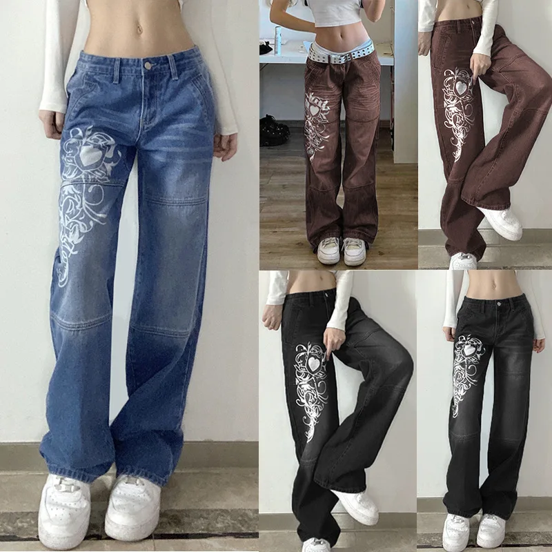 

Printed Baggy Y2K Jeans Women's Low Waist jeans 2022 Autumn Winter Oversize Wide Leg Baggy Pants Casual Cargo Trousers