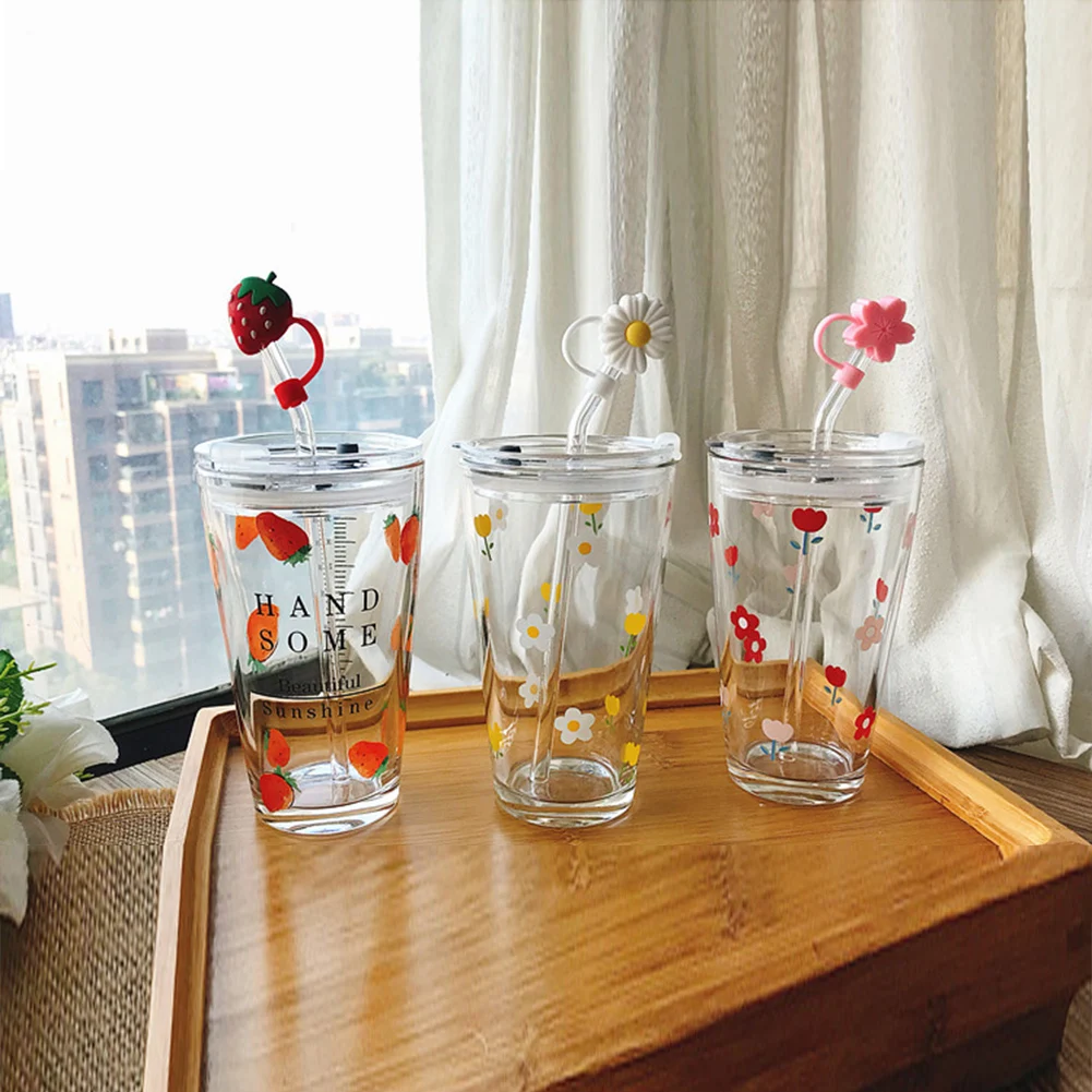 

450ml Transparent Water Cup Glass Cup With Lid Cute Flower Fruit Pattern Large Capacity Portable Juice Milk Cup With Straw