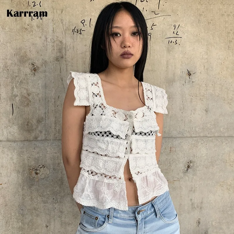 

Karrram Korean Fashion Lace Patchwork Shirt Hollow Out Embroidery Blouse Japanese Harajuku Square Collar Short Sleeve Tops Chic