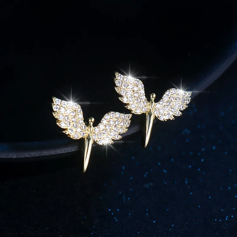 

New Personality Fashion Golden Wings Stud Earrings Women's AAA Zircon Jewelry Wedding Bridal Accessories Valentine's Day Gifts