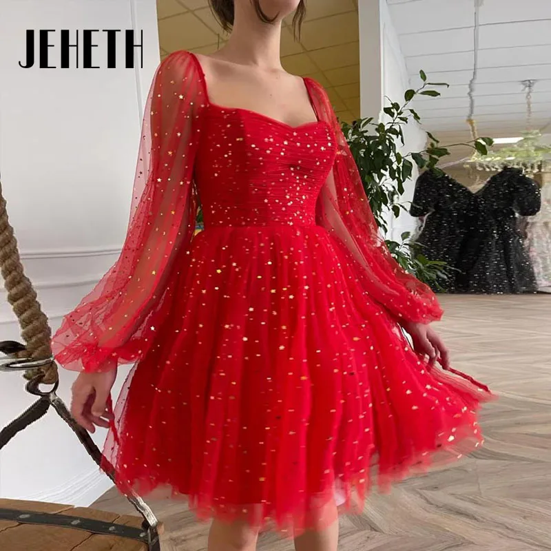 

JEHETH очаровательные трапециевидные миди красные платья для встречи выпускников 2023 Звездные блестки с длинным рукавом Короткое Вечернее бальное платье для выпускного вечера JEHETH Очарование A Слово "волынка" Сладка
