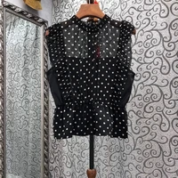 blusas feminino 2022 summer fashion black blouses women polka dot prints pleated ruffle deco sleeveless casual vintage tops