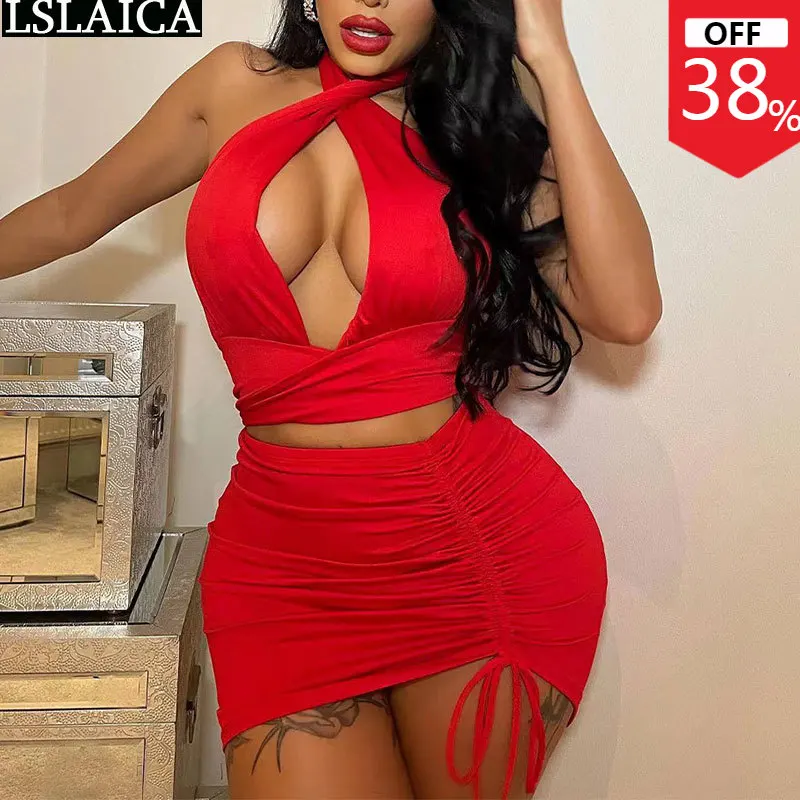 

Club Outfits for Women Two Piece Sets Night Party 2022 Sexy Dress Suits Halter Tops&drawstring Skirt Summer Solid Color Knitted