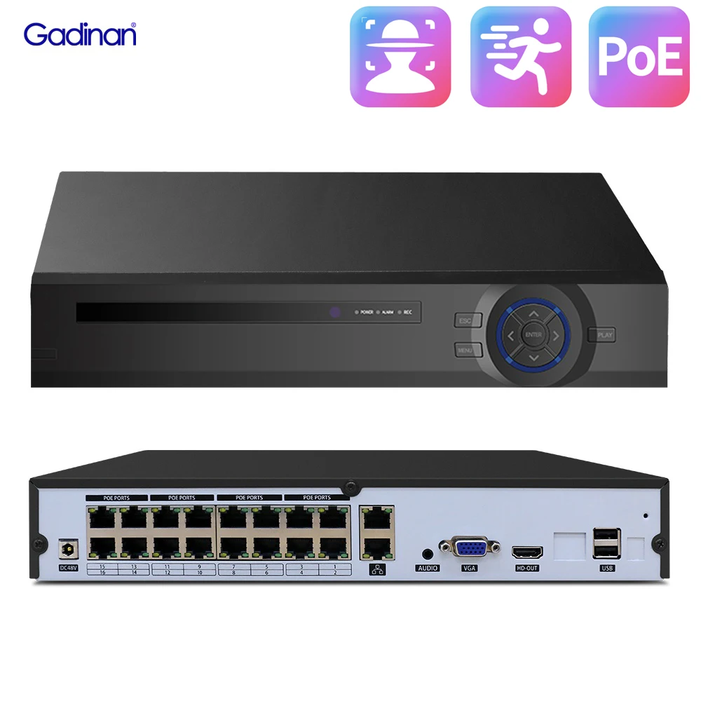 

Видеорегистратор Gadinan, 8 Мп, 4K, 16 каналов, NVR, Wi-Fi, Onvlf