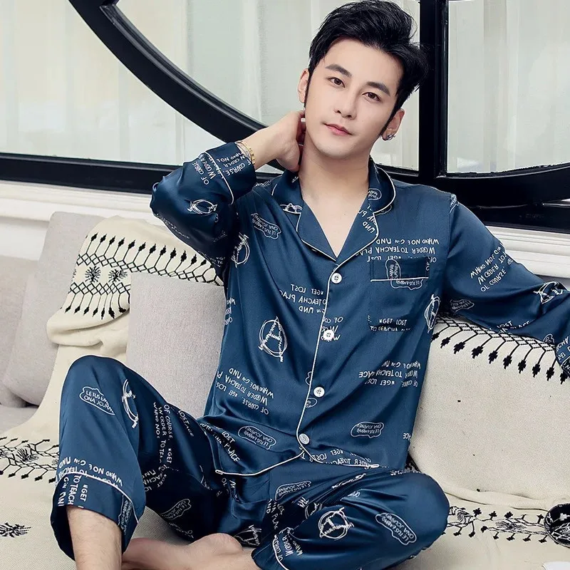 Men's 2 Piece Pajamas Sets Striped Pijama Faux Silk Satin Pyjama Male Sleepwear Long Sleeve Lapel Shirt Pants Suits Homewear