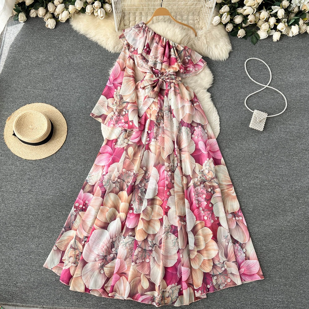 

Clothland Women Elegant Floral Maxi Dress One Sleeve Flare Sleeve Ruffles Sashes One Shoulder Chiffon Long Dresses Vestido QB614