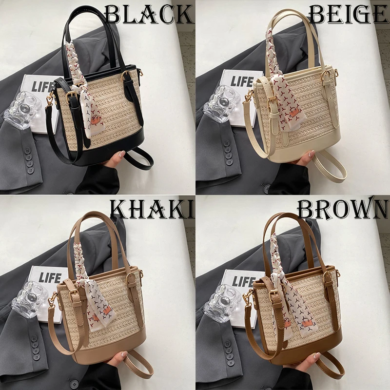 Women Casual Straw Woven Bag Lady Vocation Drawstring Cover Bucket Shoulder Bag Female Summer Outdoor Shopping Handbags