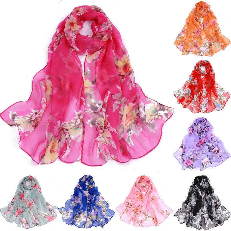 

Women Foulard Rose Flower Chiffon Georgette Scarf Long Shawl Hijab Summer Sun Protection Bandana Elegant Hairscarves Beach Scarf