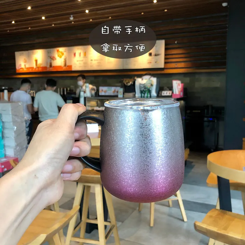 

304 Stainless Steel Double-layer Mug Ins Exquisite Household Coffee Cup With Handle Cover Fresh Simple Mugs Gradient Color Mugs