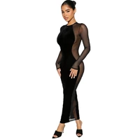 sexy see through mesh long sleeved dress stitching slim maxi party dresses for women balck bandage dress vestido de mujer