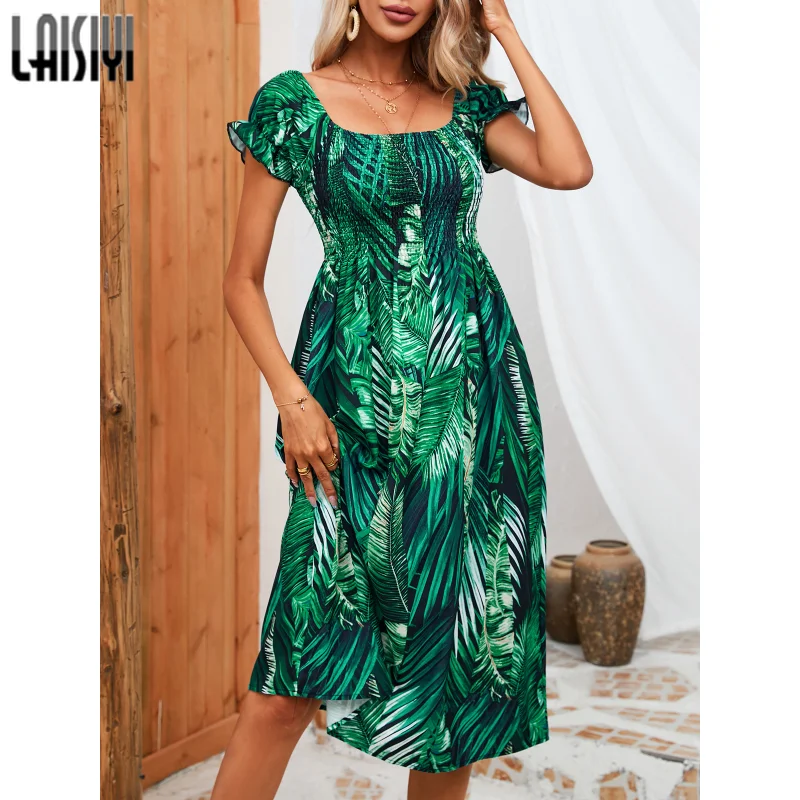 

Женское пляжное платье с рукавами-фонариками и квадратным вырезом