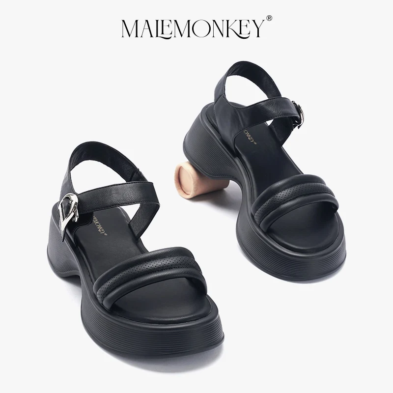 MALEMONKEY Chunky Sandals Women Leather 2023 New Outdoor Casual Retro Fashionable Open Toe Black Ladies Shoes Handmade Summer