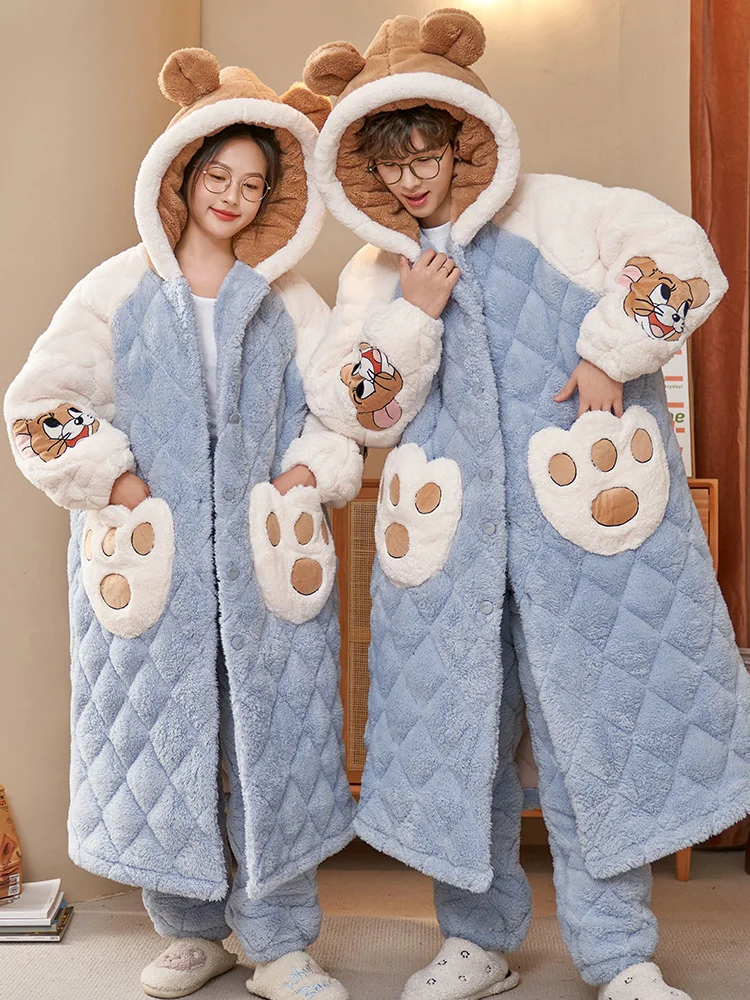 Couple Pajamas Winter Women's Three-Layer Cotton-Padded Jacket Coral Fleece Thickened Fleece-lined Plus size Men's Nightgown ...