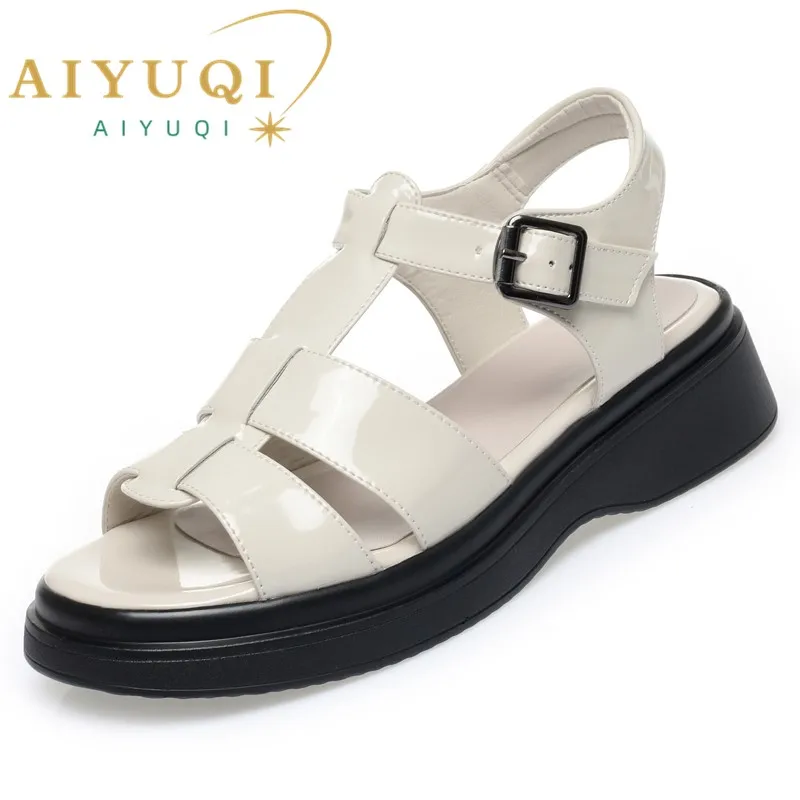 AIYUQI Women Sandals Summer 2023 New Genuine Leather Wedge Women Sandals Open Toe Roman Sandals Women