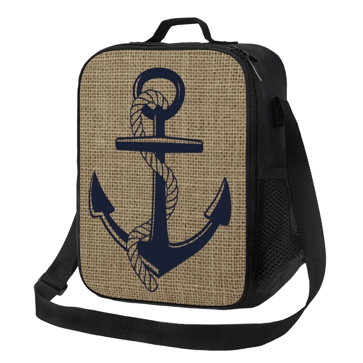 

Nautical Burlap Anchor 3D Printing hermal Insulated Lunch Bag Navy Ocean Lunch Tote Camping Travel Storage Bento Food Box