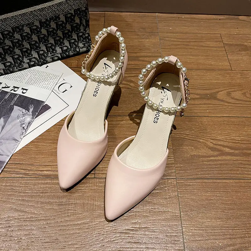 

2022 Spring and Autumn Women's Shoes Stiletto Beaded One Word Buckle Pointed Toe Fashion Sexy High Heels New Zapatillas Mujer
