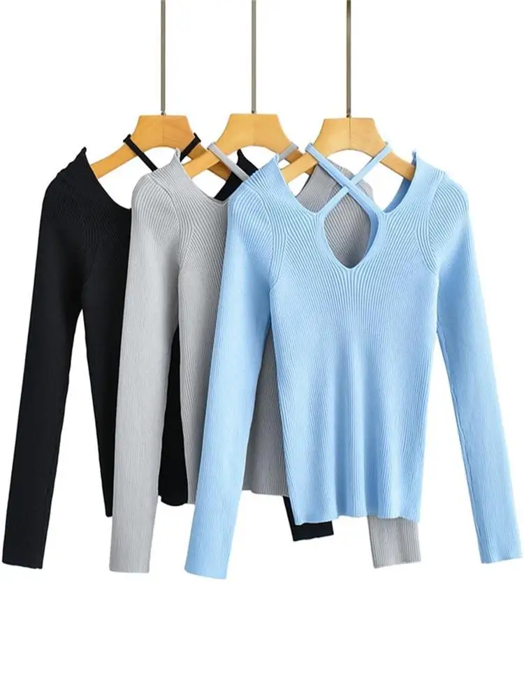 

MESTTRAF Sexy Design 2022 Thin Shoulder Strap Off The Shoulder Knit Tops Retro Long Sleeve Hollow Female Sweater pullover