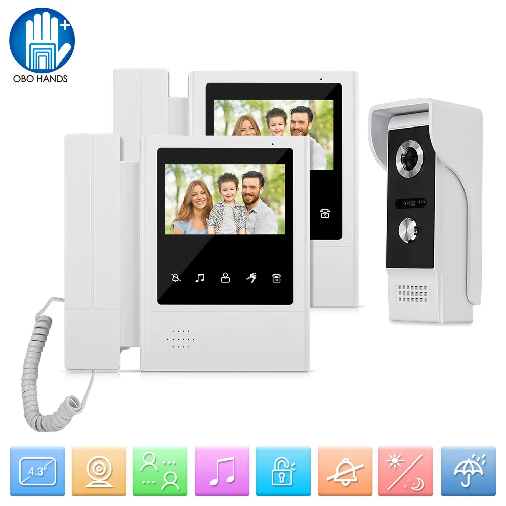 

NEW 4.3inch Color Video Door Phone Intercom System Doorbell Camera IR Night Vision Waterproof 2 Indoor Monitors Screen for Home