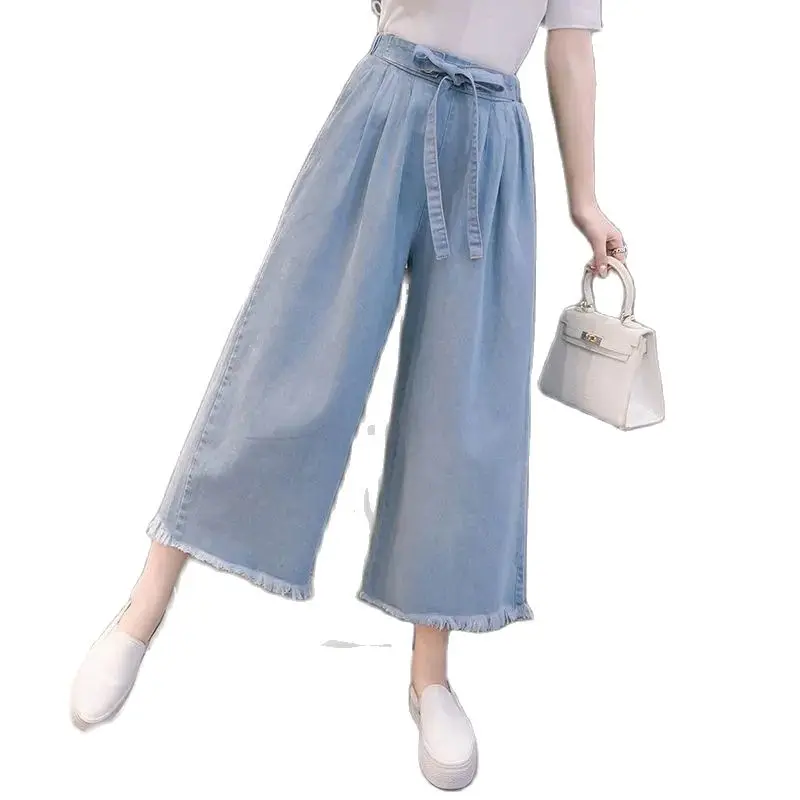 

High Waist Denim Ninth Wide Leg Pants 2023 New Summer Pants Women's Jeans Frenulum Solid Pocket Succinct Female Oversize S-5XL