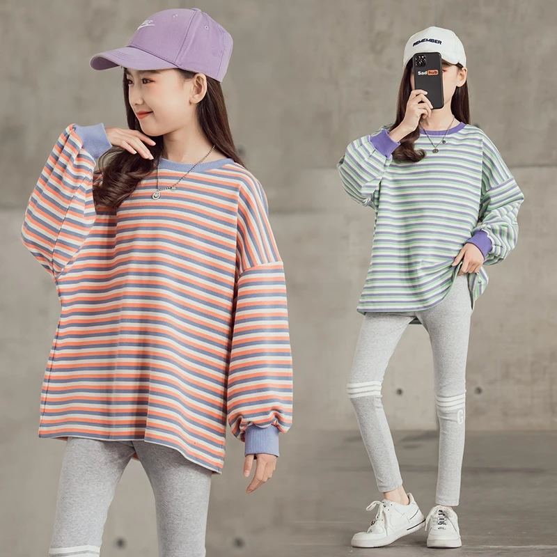 

Teen Girls Korean Stripe Sweatshirt Kids Long Sleeve O-neck Tops Spring Autumn Children Casual Sport Pullover 8 10 12 13 14 Year