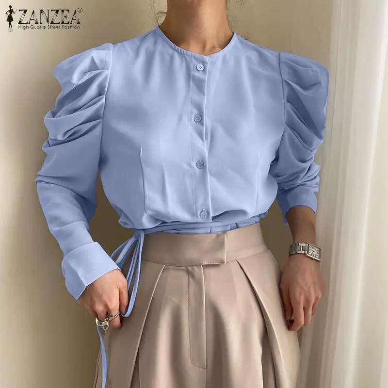 

ZANZEA Elegant Long Puff Sleeve Shirt 2022 Fashion Women Office Work Blouse Spring Solid Belted Chemise Vintage Button Tunic Top