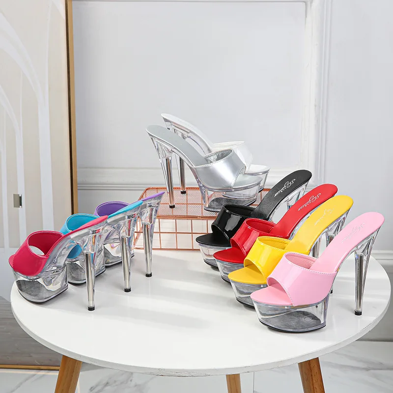 

Тапочки женские прозрачные на высоком каблуке 15 см, Клубные пикантные сандалии карамельных цветов на платформе и тонком каблуке, для вечерн...