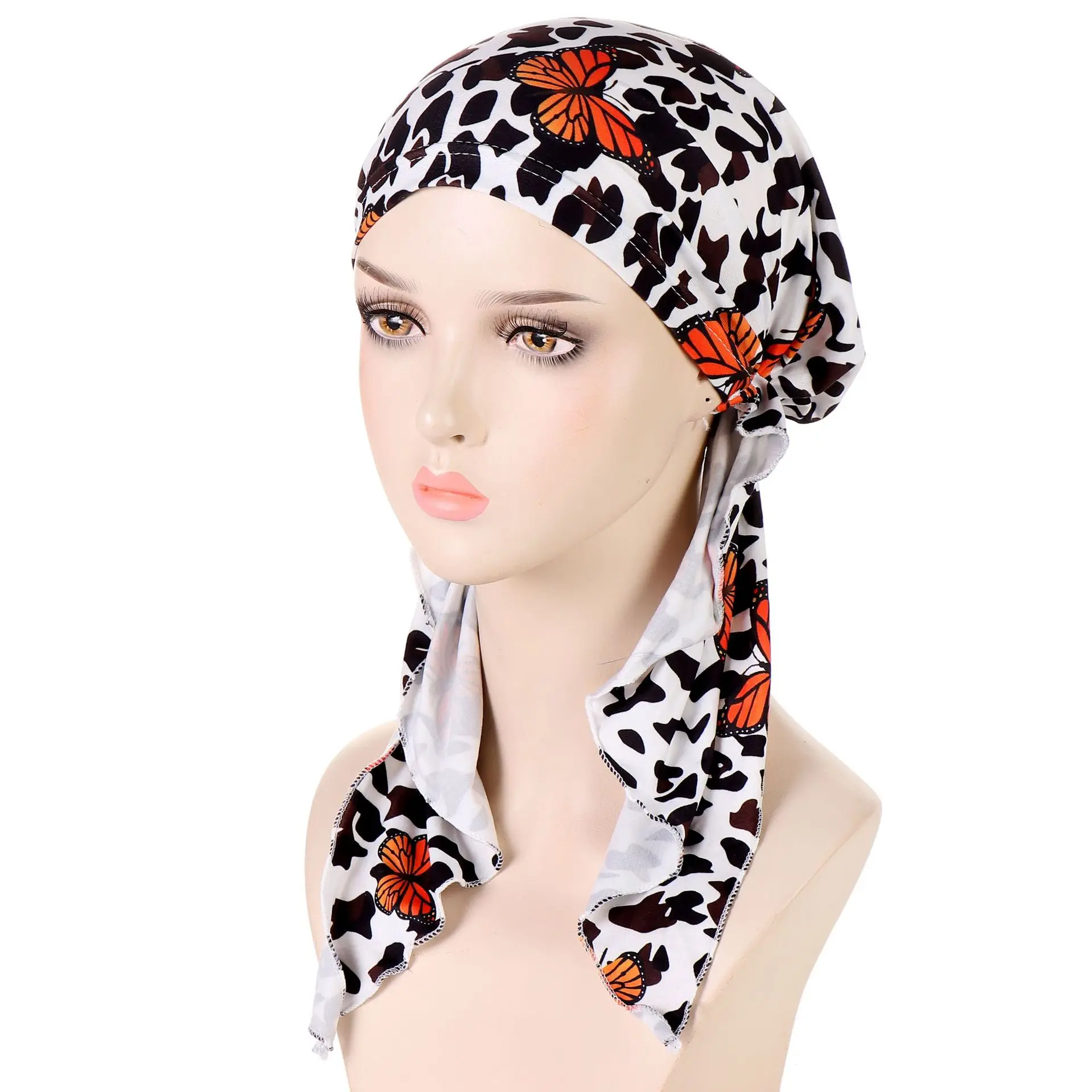 Satin Women Printed Pre-Tied Headscarf Elastic Muslim Turban Cancer Chemo Sleep Hat Hair Care Cover Head Wrap Headwear Bandana