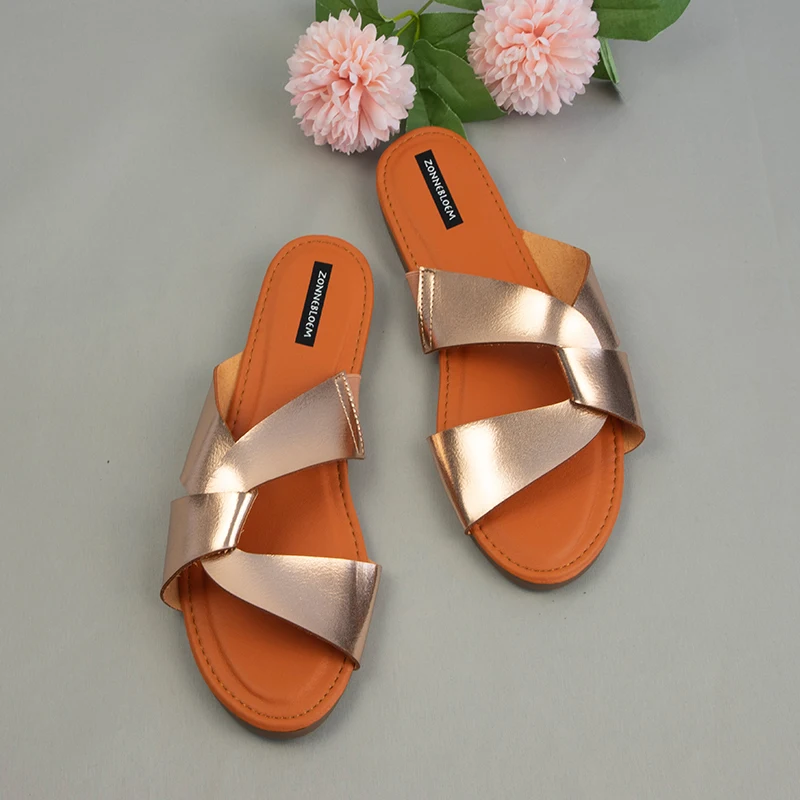 

Flat Shoes for Women 2022 Summer Beach Ladies Sandals Simple Cross Design Leisure Solid Soft Bottom Non-slip Woman Slides