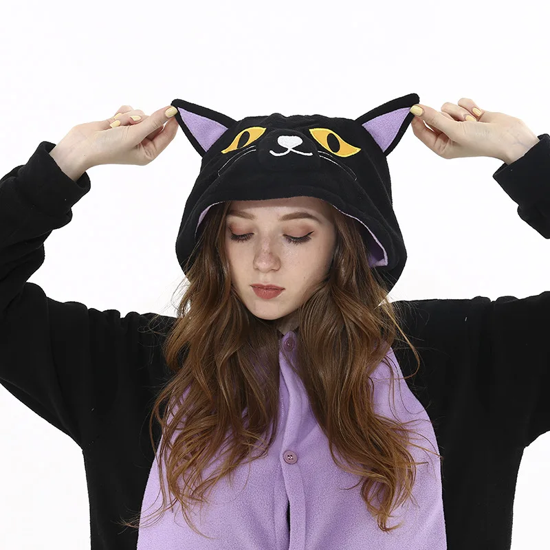 Kigurumi Onepiece Pajamas Adult Animal Cat Cosplay Onesie Women Men Couple Winter Pajamas Suit Anime Sleepwear Flannel Homewear