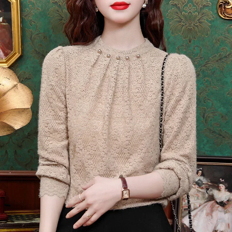 Новая кружевная женская блузка с круглым вырезом и бисером длинным рукавом