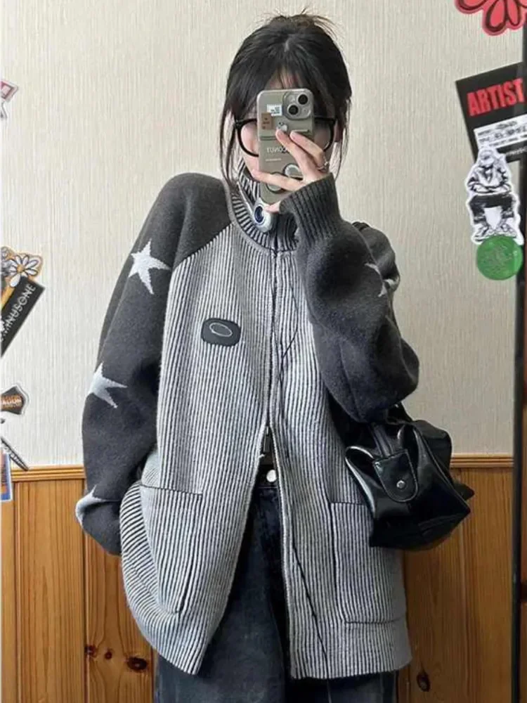 

Deeptown Y2k American Vintage Grey Cardigans Women Harajuku Streetwear Star Graphics Sweaters Korean Grunge Zip Up Knitted Tops
