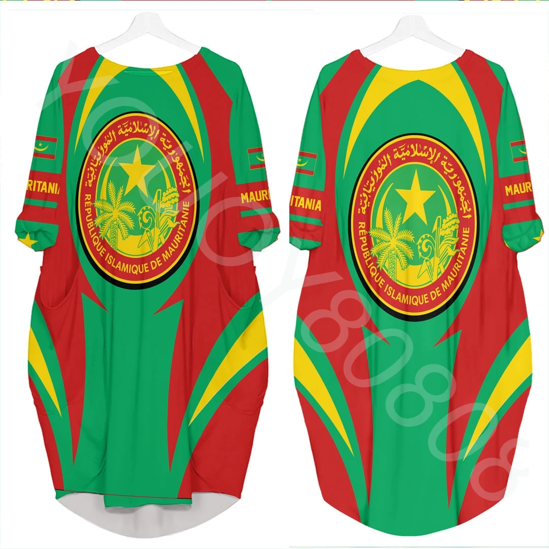 

Spring New Women Pullover Long Sleeve Dress African Region Clothing - Mauritania Active Flag Batwing Pocket Dress