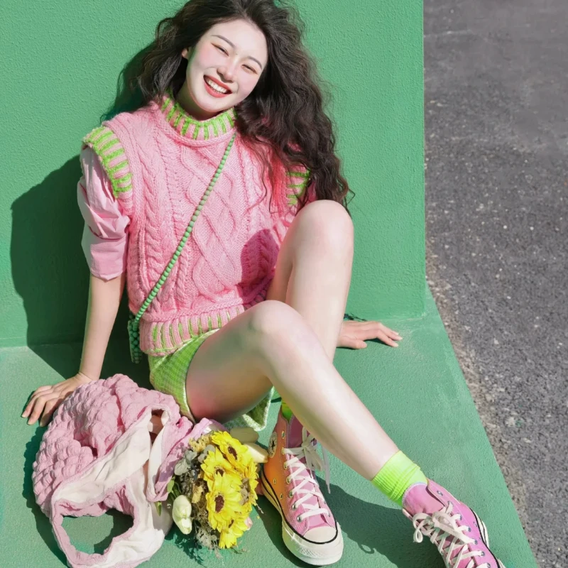 Новый трикотаж женские свитера розовые однотонные топы модный жилет 2024 одежда Y2k