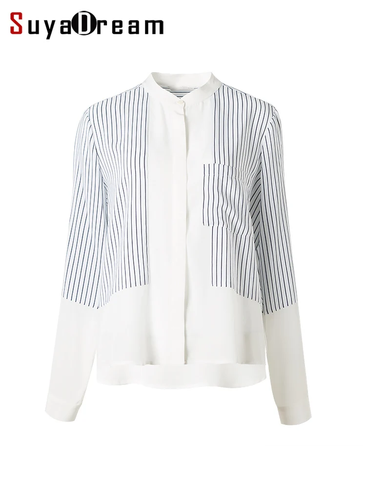 SuyaDream Women Silk Shirts 100%Silk Crepe de Chine Long sleeved Striped Printed Blouses 2022 Spring Summer White Chic Top