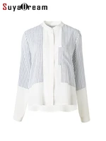 suyadream women silk shirts 100silk crepe de chine long sleeved striped printed blouses 2022 spring summer white chic top