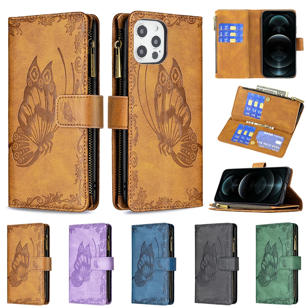 

Cute Zipper Multi Card Slots Case for iPhone 14 13 12 11 Pro Max XS XR SE 2020 7 8 Plus Butterfly Embossed Flip Wallet Bag Cover