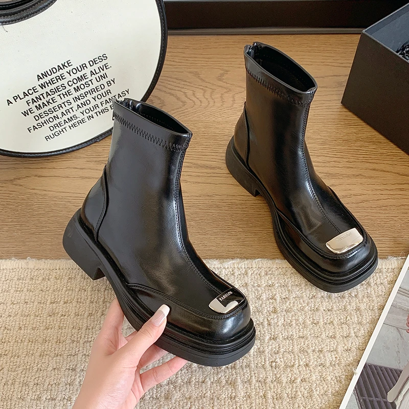 

Autumn Chunky Heightening Genuine Leather Platform Women Round Toe Short Boot Shoes Ankle Elastic Boots Handmade Chelsea Boots