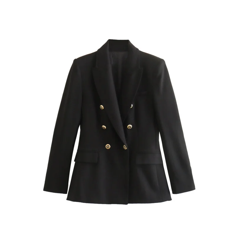

2023 Women fashion double-breasted blazer Woman lapel long-sleeve pocket gold button coat female chic suit