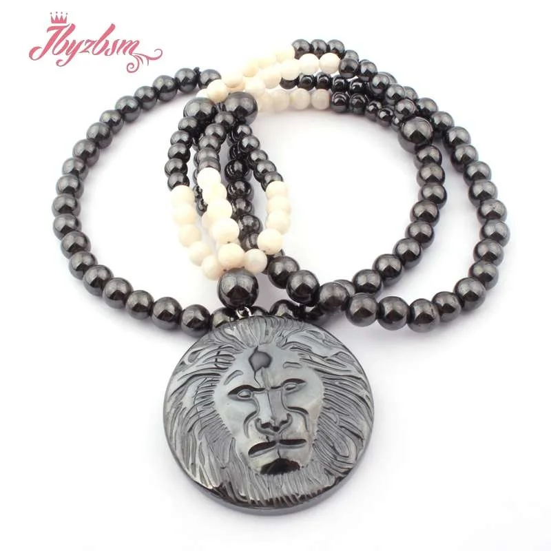 

8mm Round (No Magnetic) Hematite Natural Stone Lion Pendant Pendant Powerful Healthy Fashion Long Necklace Jewelry Gift 31"