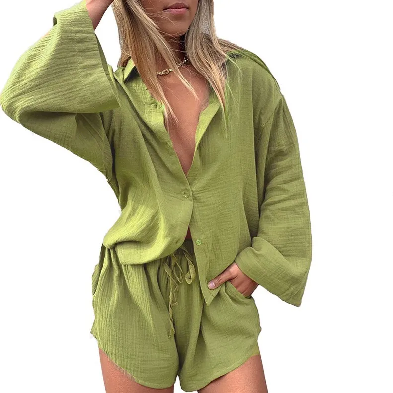 

Женский Повседневный Спортивный костюм, комплект из двух предметов, рубашка с длинным рукавом и шорты мини со шнуровкой на лето