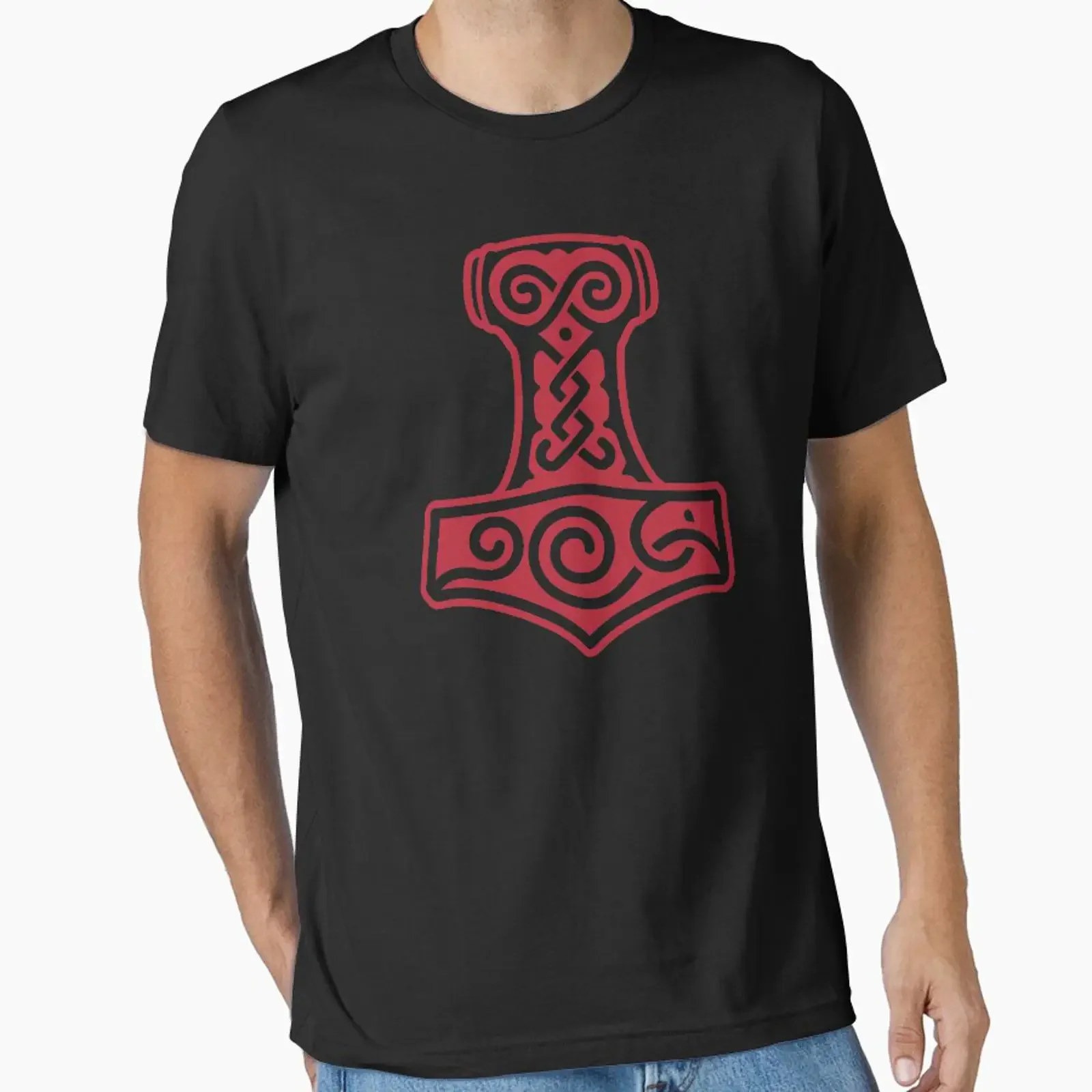 Фото Футболка Thors Hammer Mjolnir Viking Norse Pagan Red Essential, винтажная, с эффектом потертости, дизайнерская одежда, уличный стиль, мужская, слегка модная